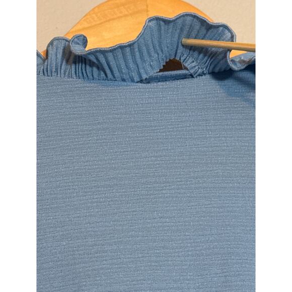 Vintage 70s Blue Retro Secretary Ruffle Dress Small Modest Midi Cottagecore - Picture 5 of 9